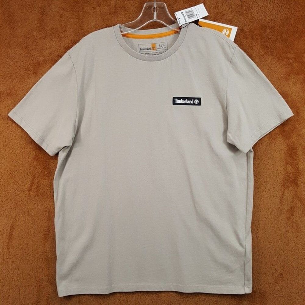 TIMBERLAND Shirt Mens Large Tan Pullover Crew Graphic Logo Tee T-Shirt